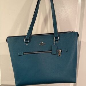 Coach Teal Saffiano Leather Tote with Front Zip